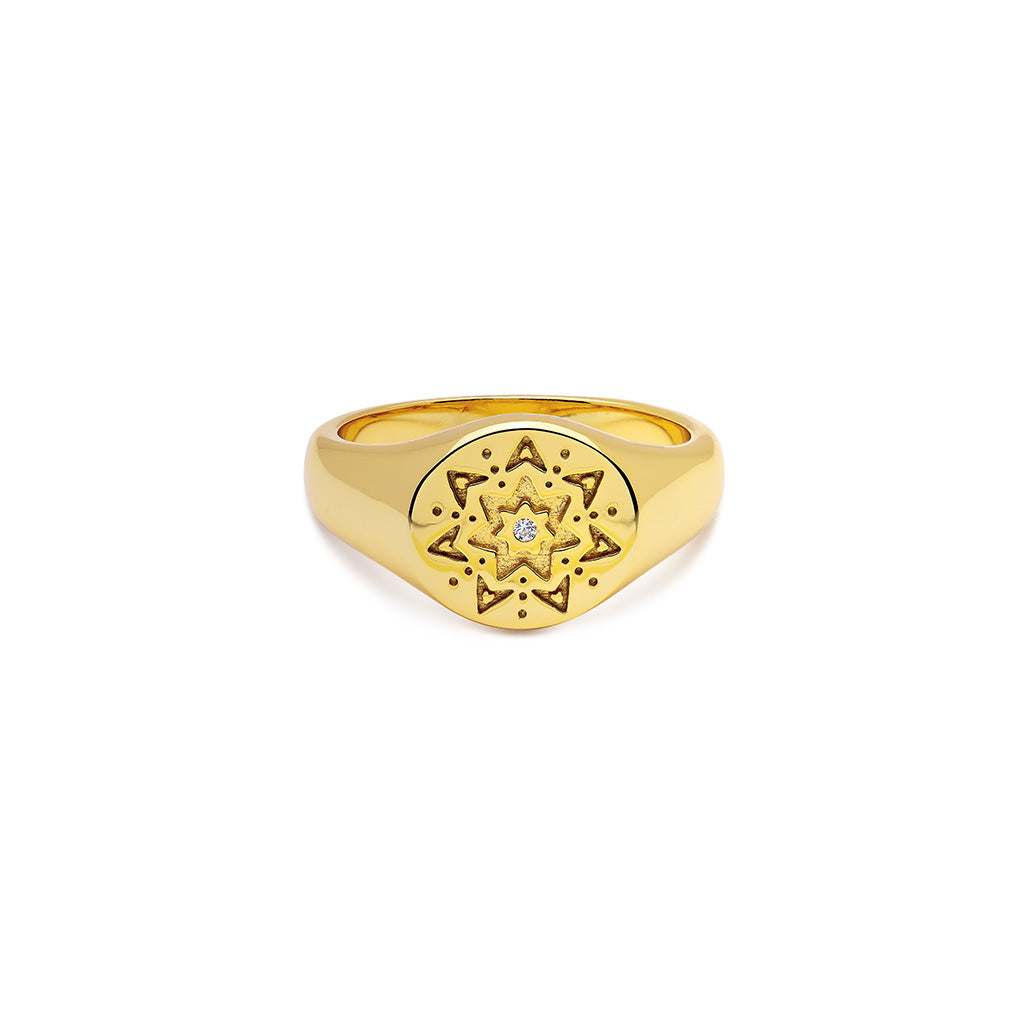 Cargar imagen en el visor de la galería, anillo de oro triangulos sello con circonita blanca wake | Joyería Trèsminé
